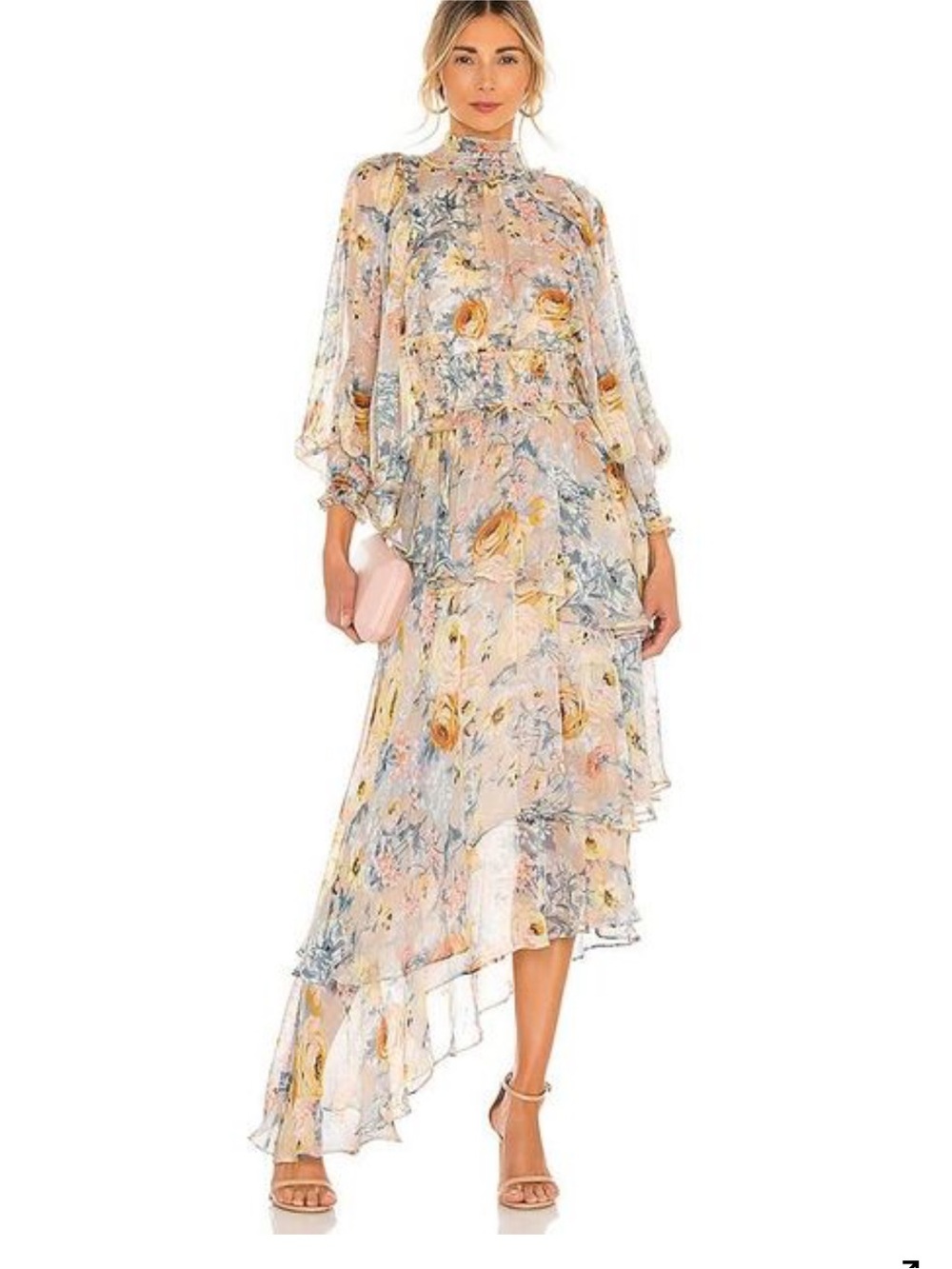 Elliatt Pastel Floral High-Neck Asymmetrical Ruffle Dress
